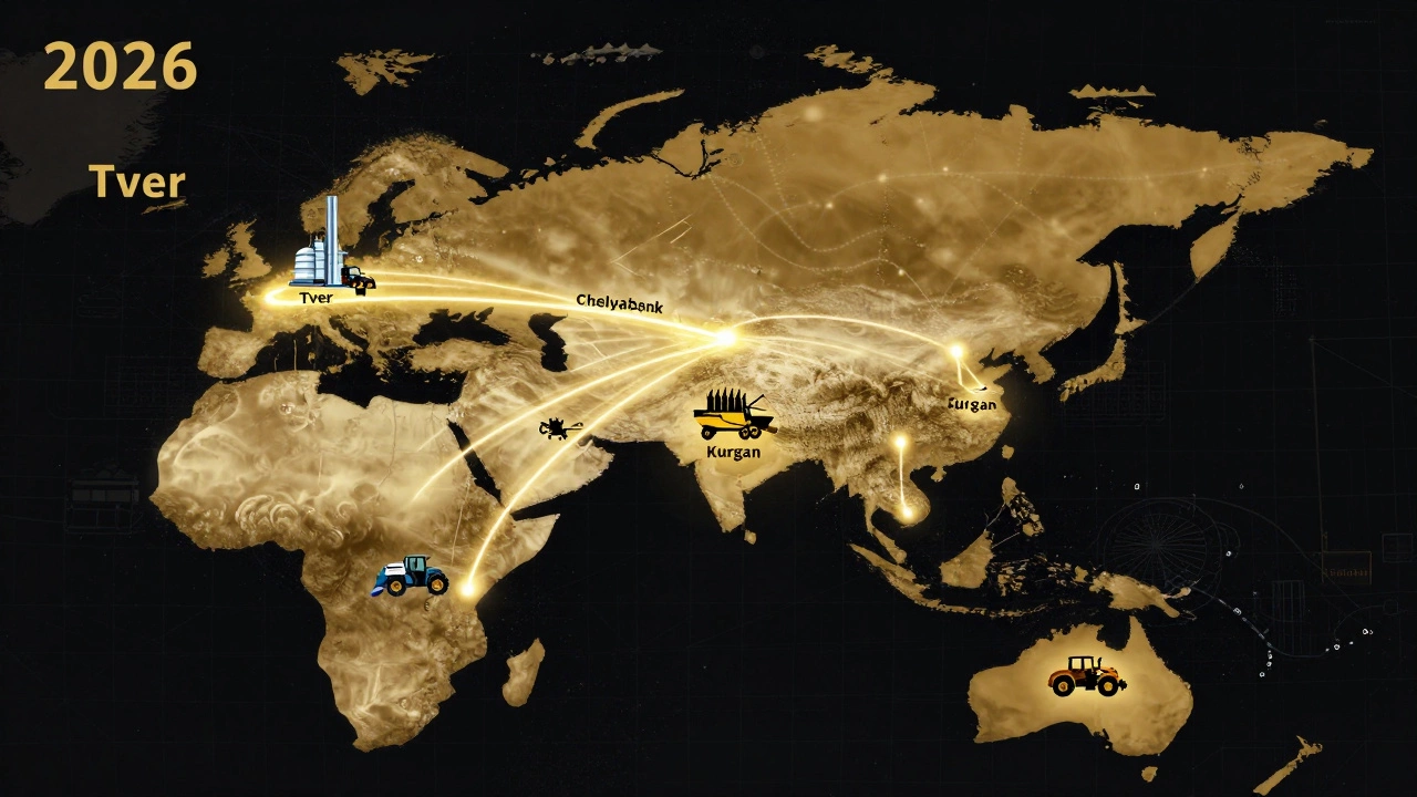 Глобальные экспортные маршруты российской сельхозтехники и дронов в Азию, Ближний Восток и Латинскую Америку.