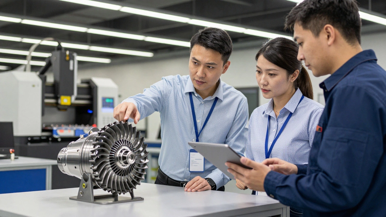 Команда инженеров рассматривает 3D-напечатанную турбину с топологической оптимизацией.