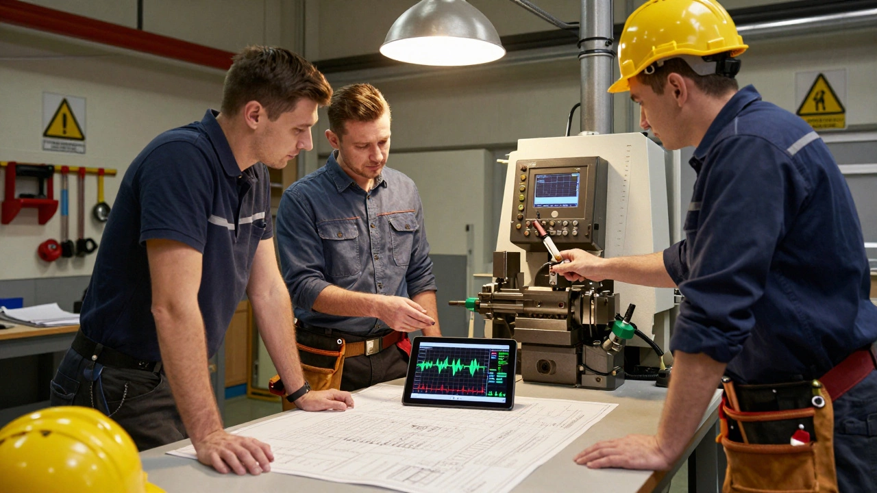 Команда на заводе обсуждает систему предиктивного обслуживания с помощью планшетов и схем