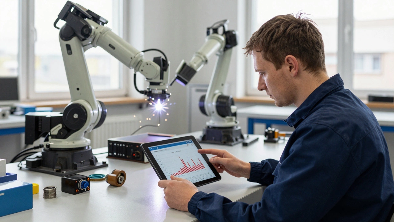 Рабочий анализирует прогноз отказа подшипника с помощью ИИ, рядом — сварочный робот с камерой.