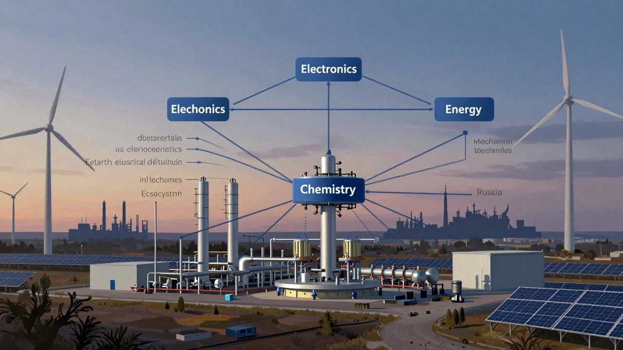 Схема связанных отраслей промышленности: химия → электроника → машиностроение → энергетика, с изображением заводов и технологий.