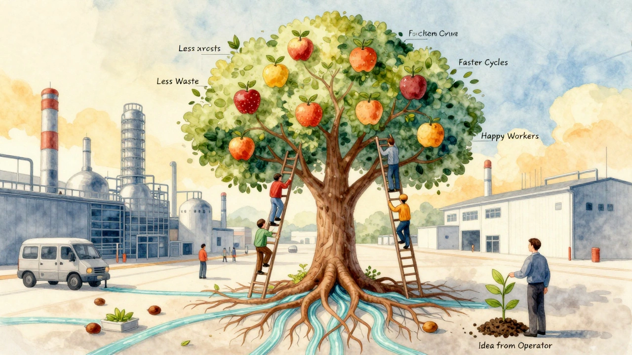 Символическое изображение инновационной культуры на заводе: дерево растёт из производственного цеха