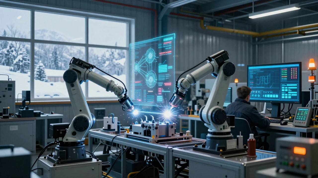 Современный российский завод с цифровыми двойниками, роботами и автоматизированными линиями производства в холодном сибирском ландшафте.