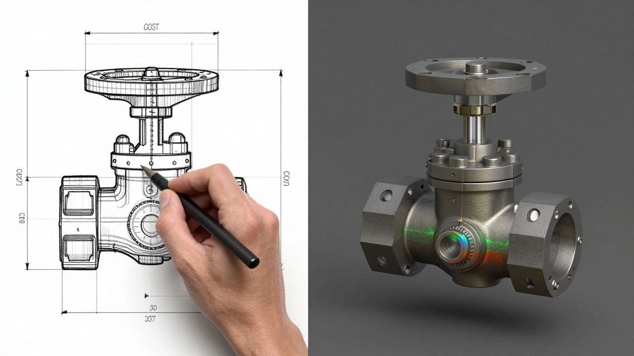 Сравнение технического чертежа и его 3D-модели с анализом напряжений.
