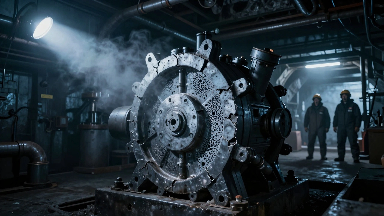 Трещина в гидравлическом насосе в шахте, видны микропоры в металле.