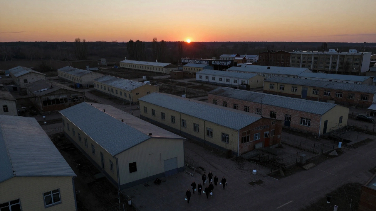 Вид на пустые заводы в пригороде города на закате.