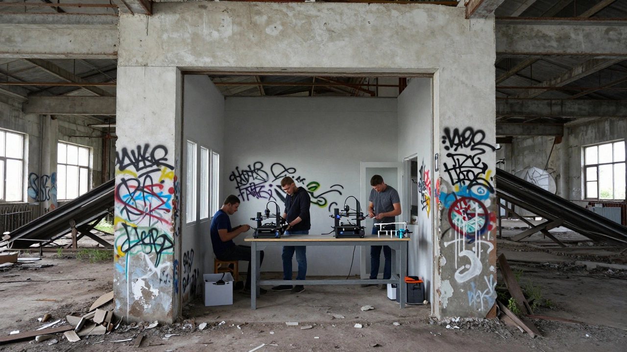 Внутри старого завода — современный цех с 3D-принтером и рабочими.