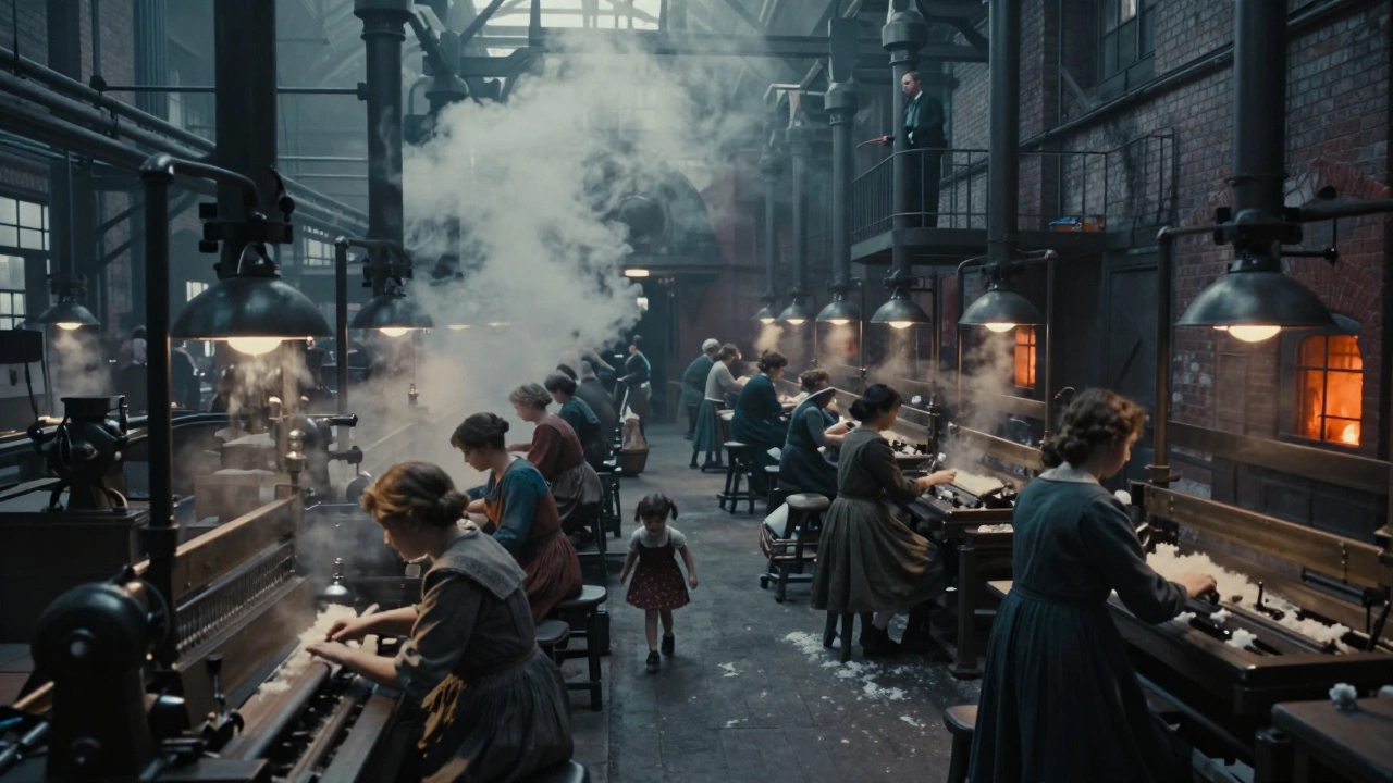 Фабрика в Манчестере, дети чистят ткацкие станки, дым и пар заполняют зал.