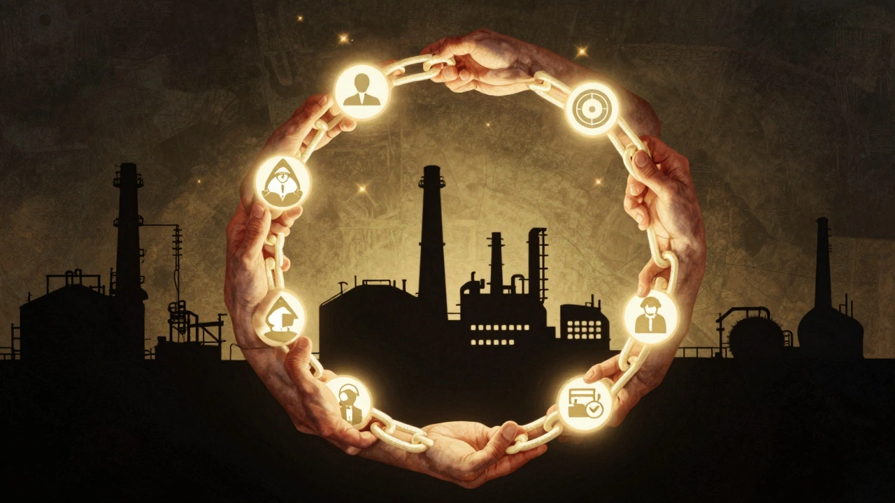Группа рук образует защитный круг вокруг завода, символизируя коллективную ответственность за безопасность.