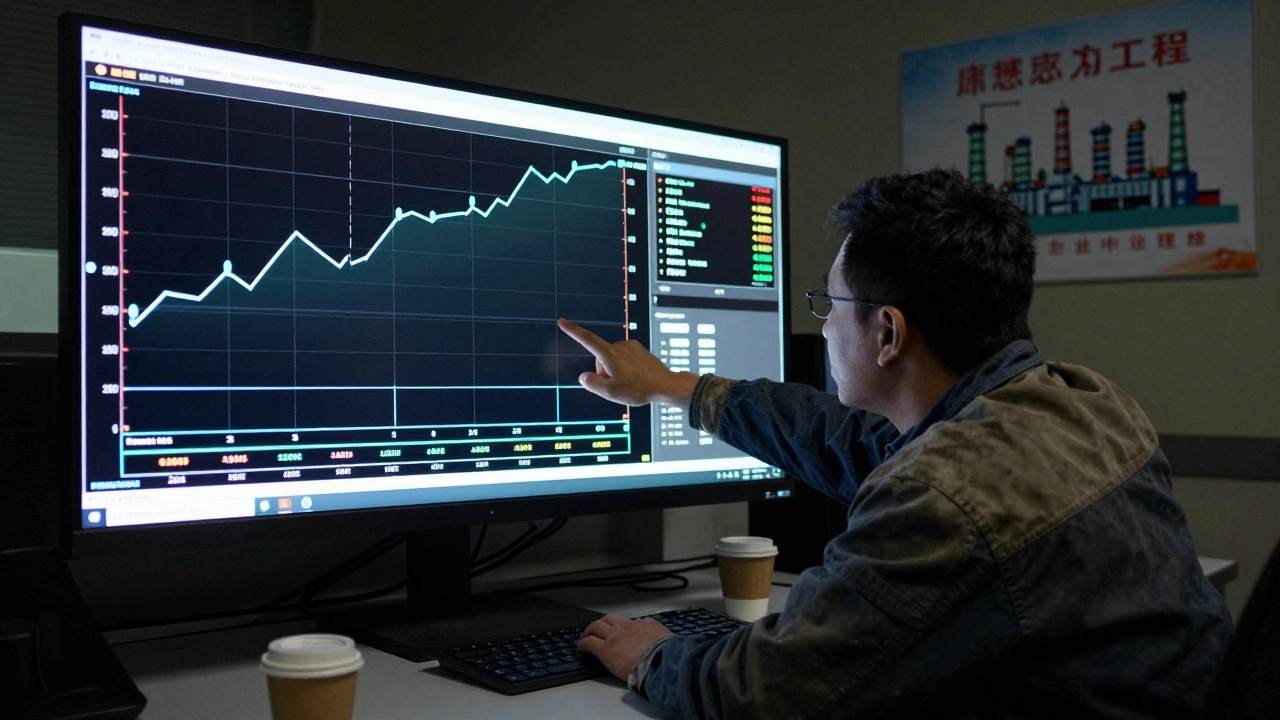 Инженер анализирует данные датчиков на экране, замечая медленный рост температуры, который никто не заметил.