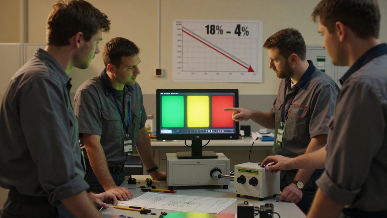 Команда операторов смотрит на простой трехцветный экран, показывающий состояние оборудования на производстве.