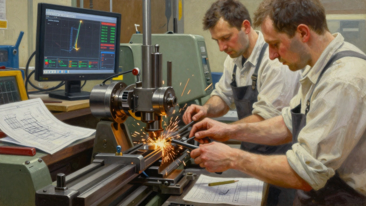 Мастера работают с токарным станком, искры летят в воздухе, на фоне — приборы и чертежи.