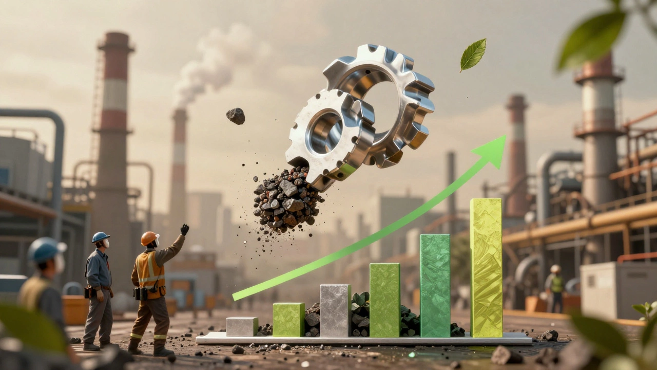 Преобразование сырого алюминия в переработанный материал над заводом, символизирующее устойчивое производство.