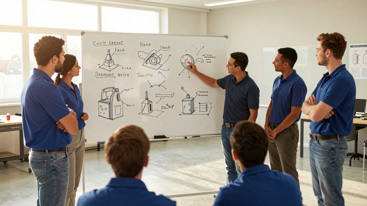 Рабочие обсуждают дефекты у доски, инженер стоит рядом — простое решение, созданное вместе с командой.