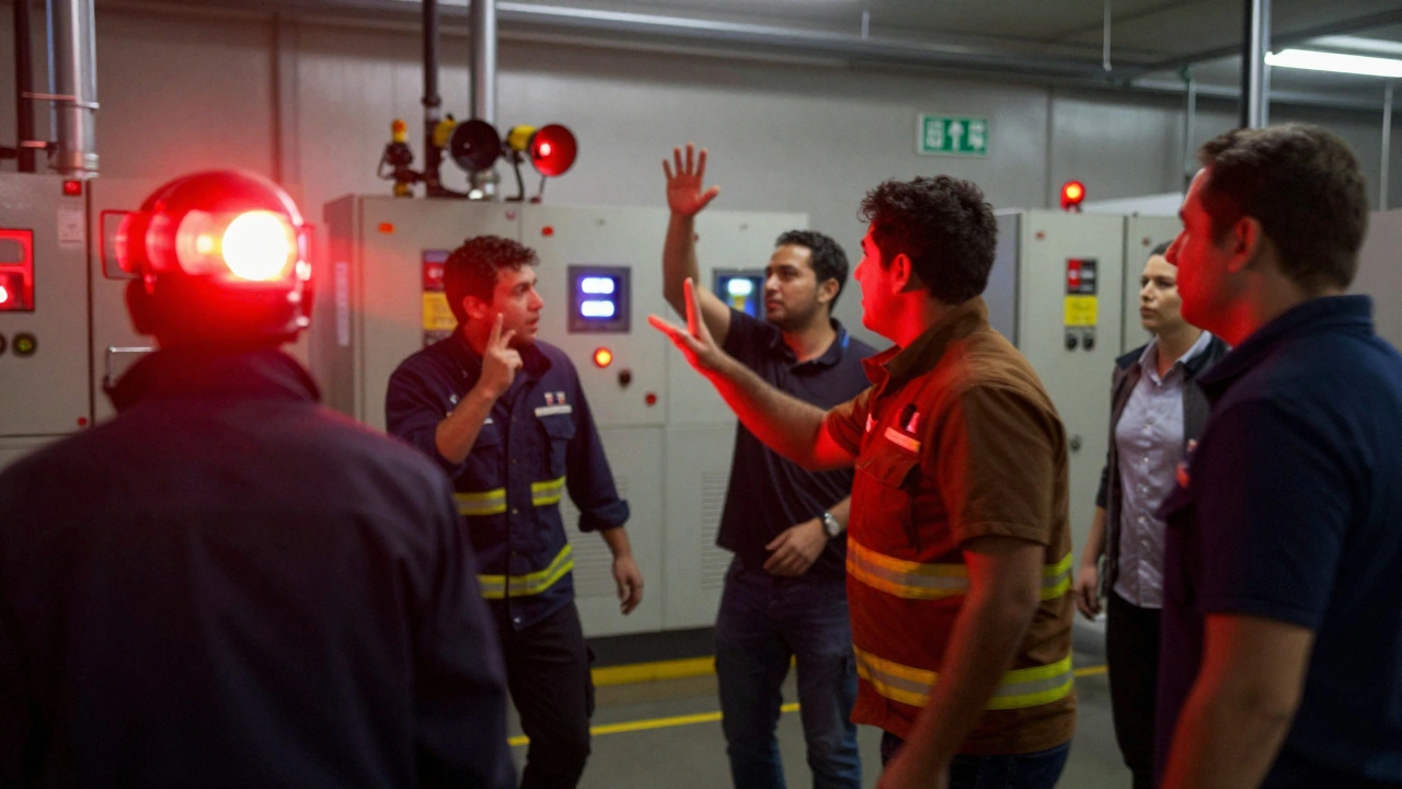 Рабочие реагируют на аварийный сигнал на производстве, мигают красные огни, один подает жест тревоги.