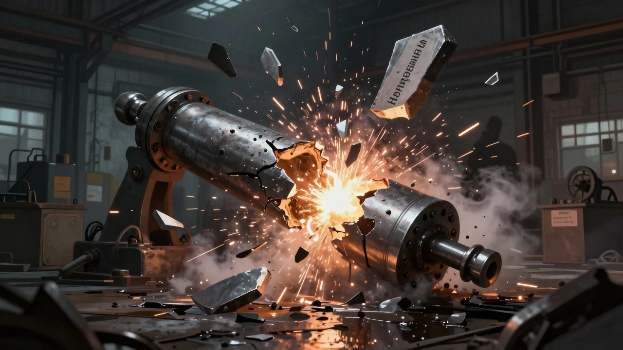 Разорвавшийся гидравлический цилиндр в производственном цеху из-за некачественного металла.