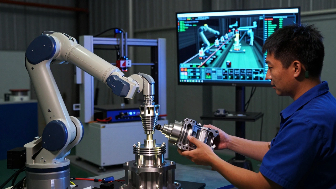 Робот передаёт деталь человеку, а рядом печатается сложная топливная форсунка с помощью 3D-печати.