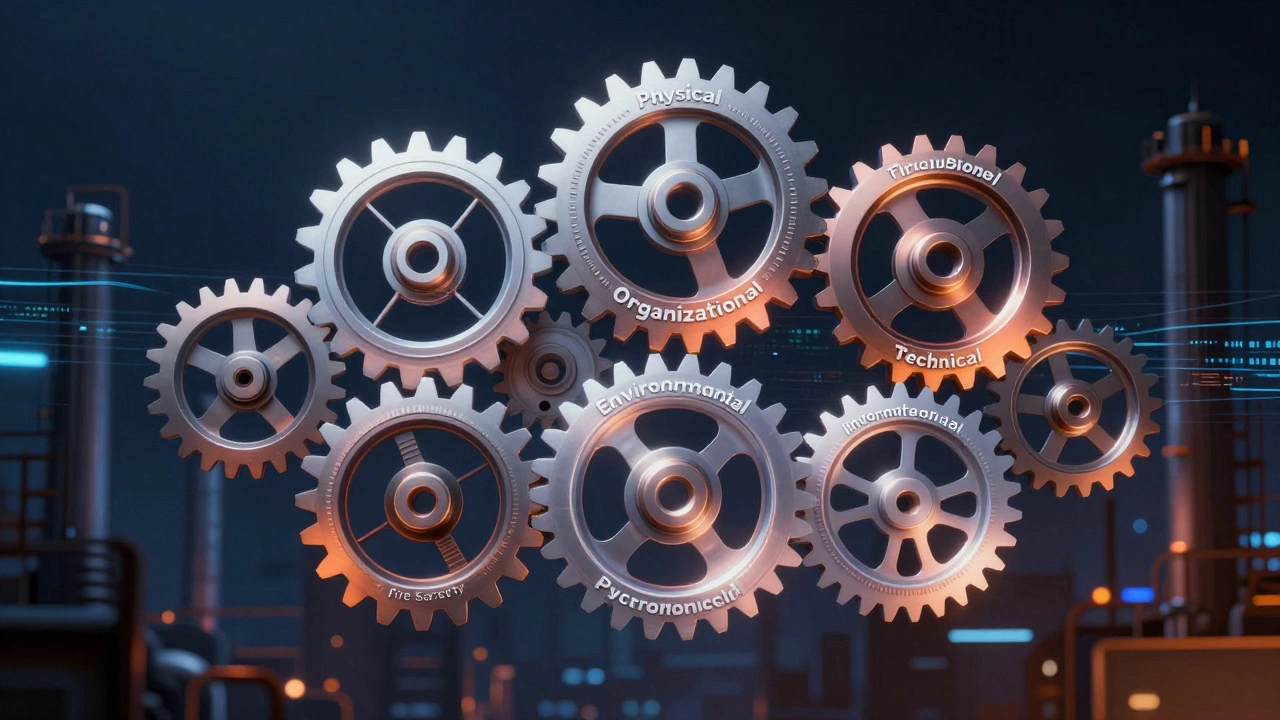 Семь взаимосвязанных шестерёнок, каждая обозначает тип промышленной безопасности, светятся при соединении.