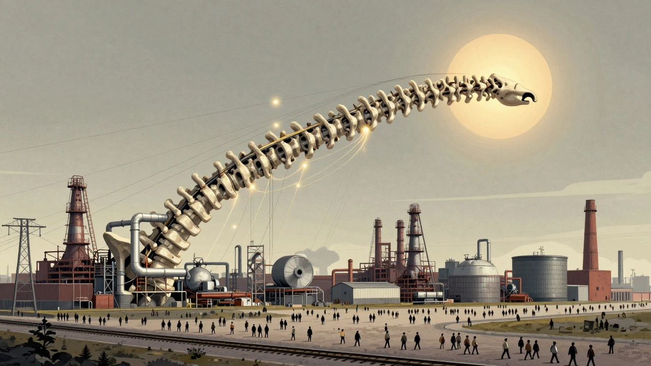 Скелет в виде промышленной цепочки, соединённой с людьми и дорогами, символизирующий экономику России.