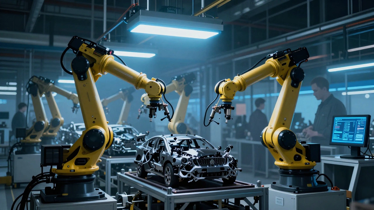 Современный роботизированный завод в Казани, оператор наблюдает за автоматизацией.