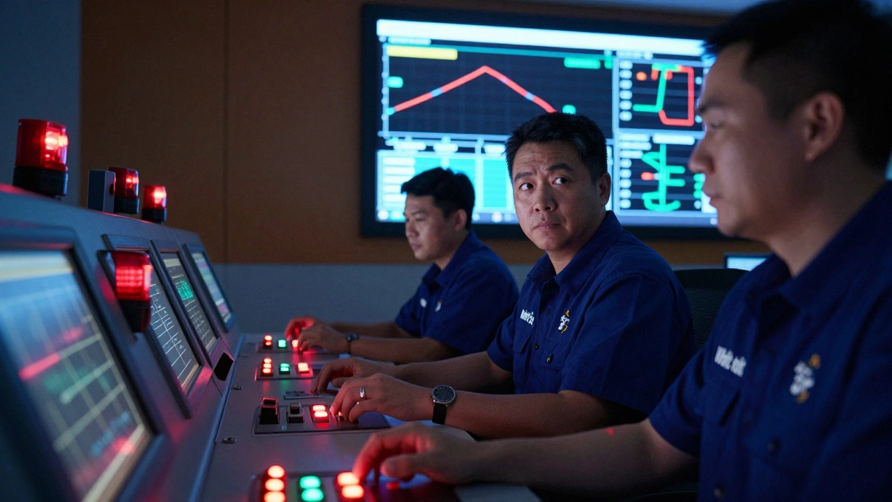 Техники в центральном пульте останавливают производство при аварийном сигнале.