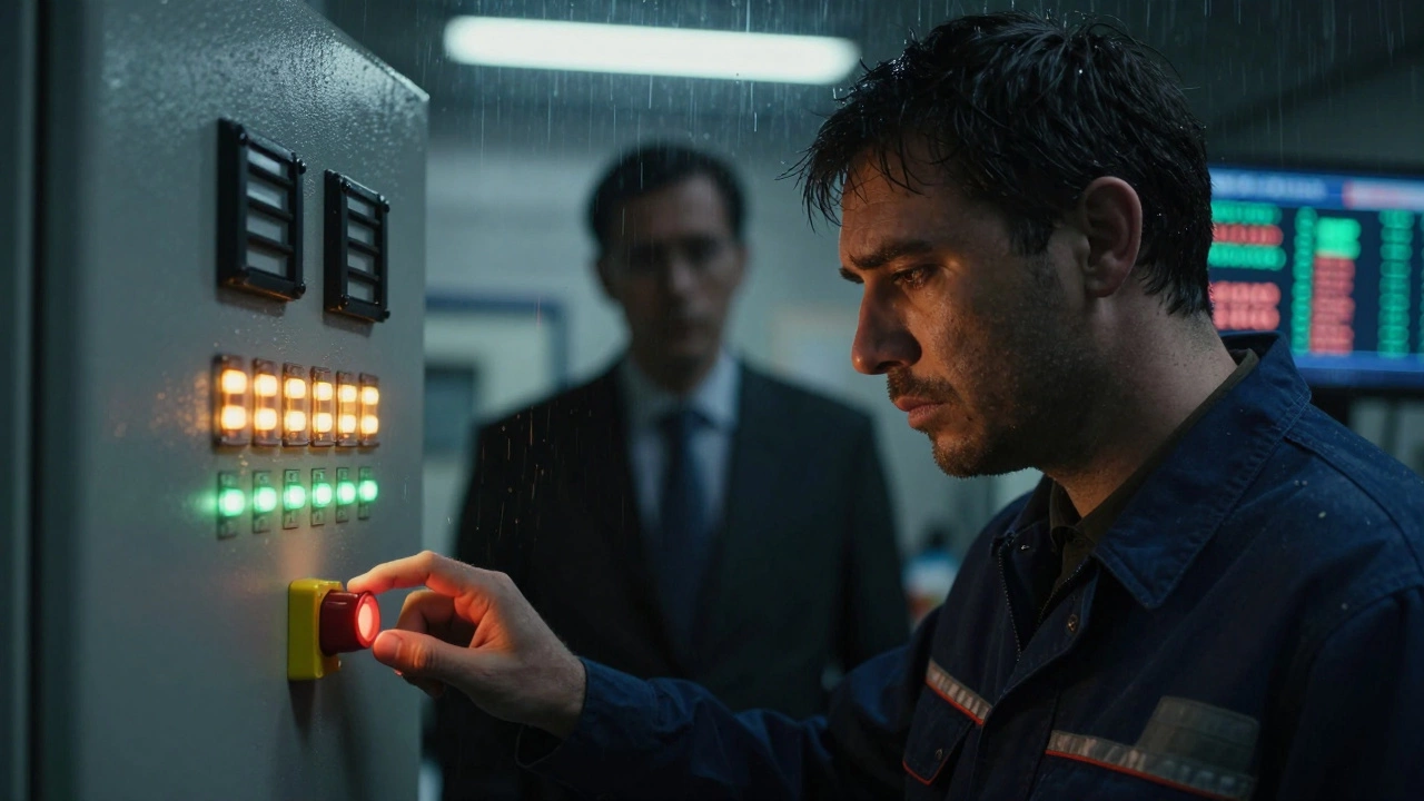 Уставший рабочий смотрит на панель управления, за ним — тень руководителя, на экране мигают ошибки.