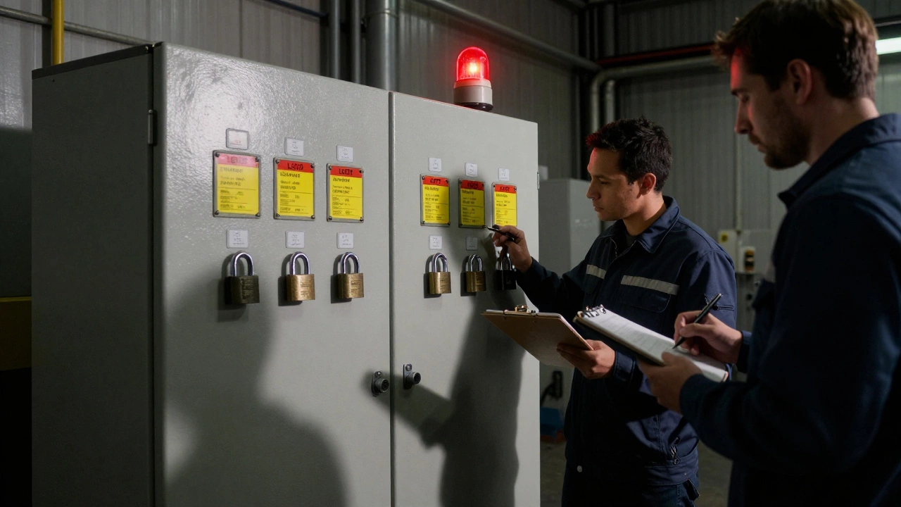 Заблокированный энергетический щит с замками и бирками, рабочий проверяет журнал безопасности.