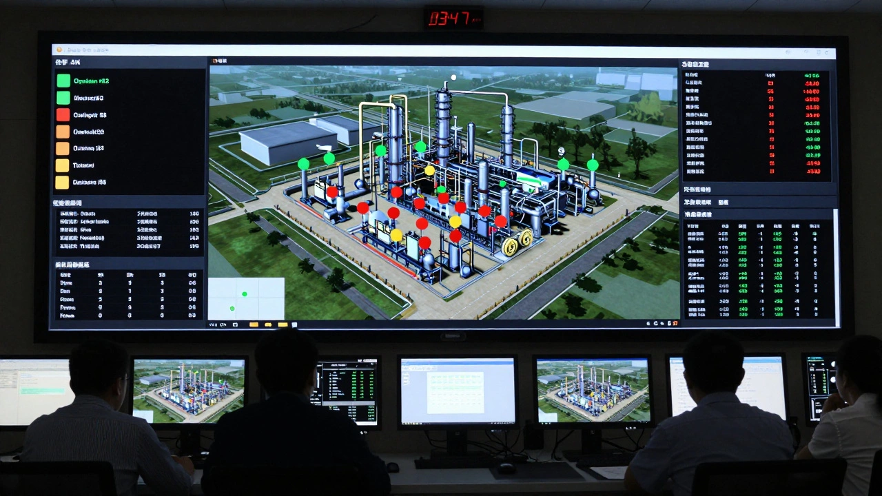 Диспетчерская с крупным экраном, отображающим цветовую карту состояния оборудования завода.