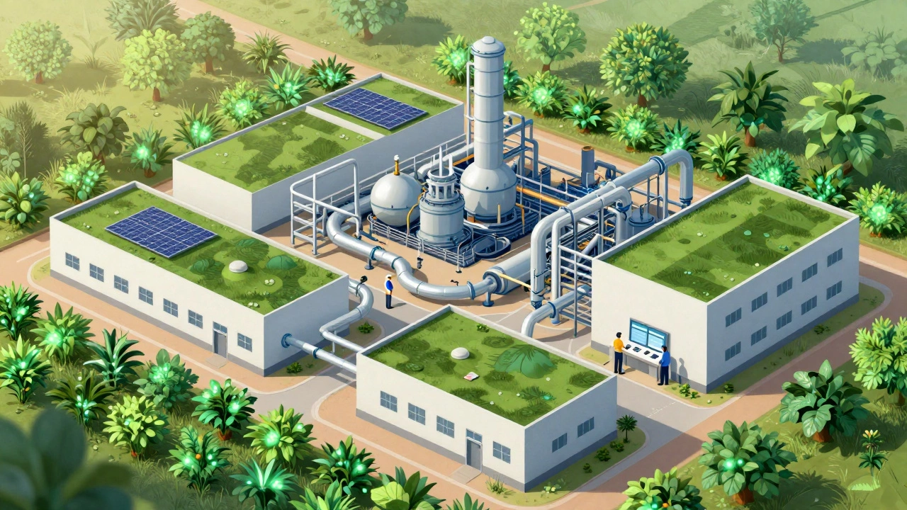 Экологичный завод с солнечными панелями и переработкой материалов