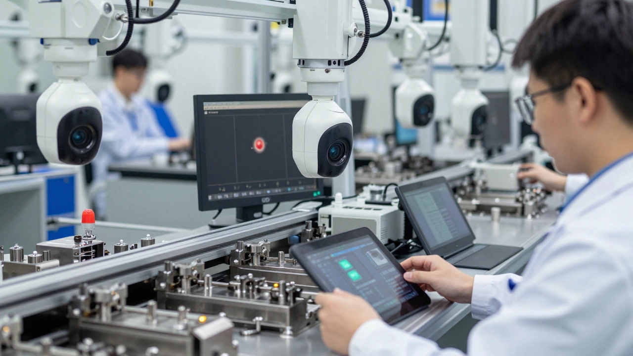 ИИ-камеры сканируют металлические детали на производственной линии, автоматически выявляя микроскопический брак.