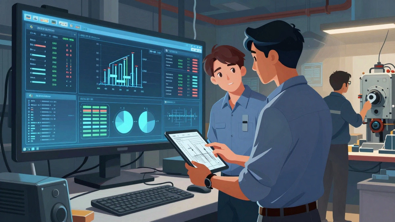 Инженер и техник сотрудничают на производстве: один смотрит на экран с данными, другой указывает на оборудование.