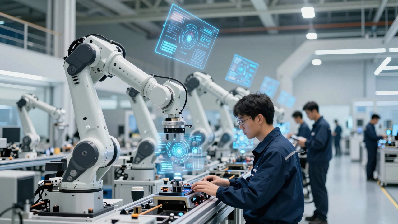 Инженеры и роботы на высокотехнологичном производстве будущего.