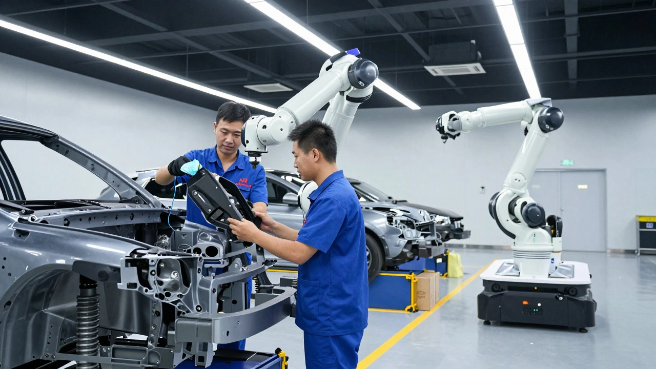 Кобот и человек работают вместе над сборкой автокомпонента, рядом движется автономная тележка.