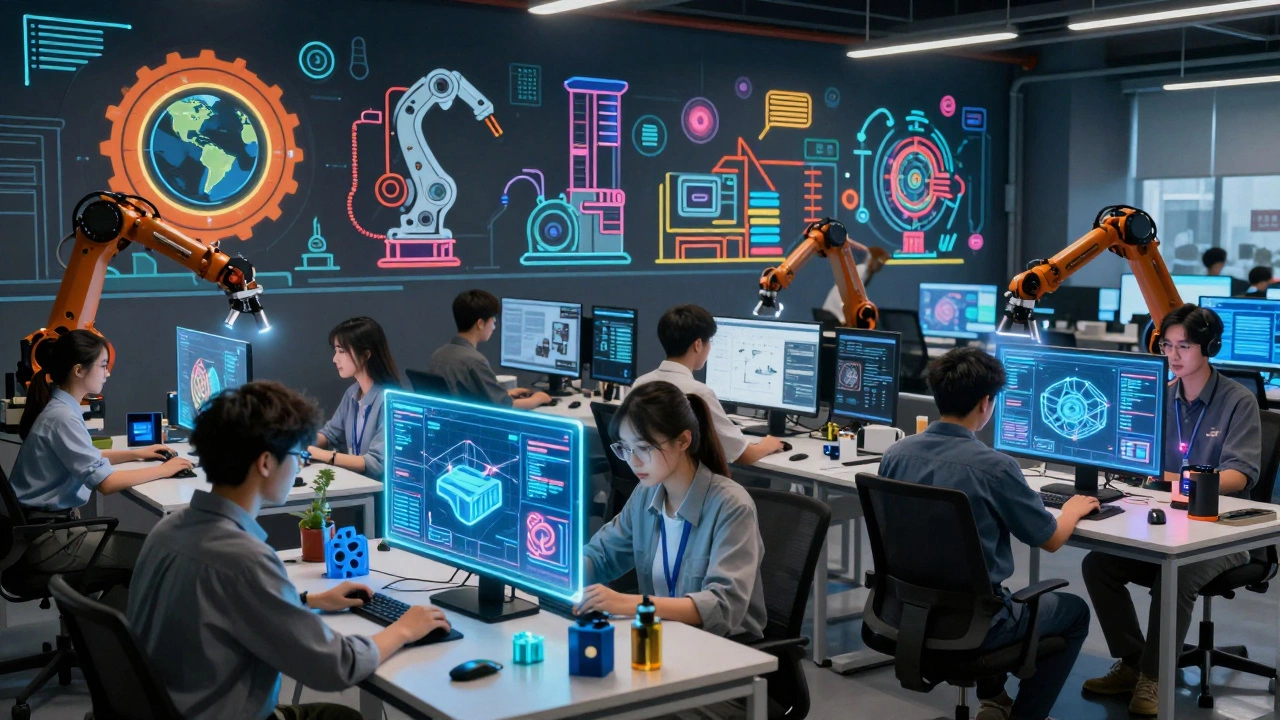 Молодые инженеры работают с голографическими чертежами и роботами в высокотехнологичном центре обучения.