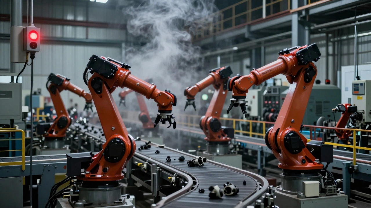 Остановленная производственная линия, роботы замерли, один датчик мигает красным.