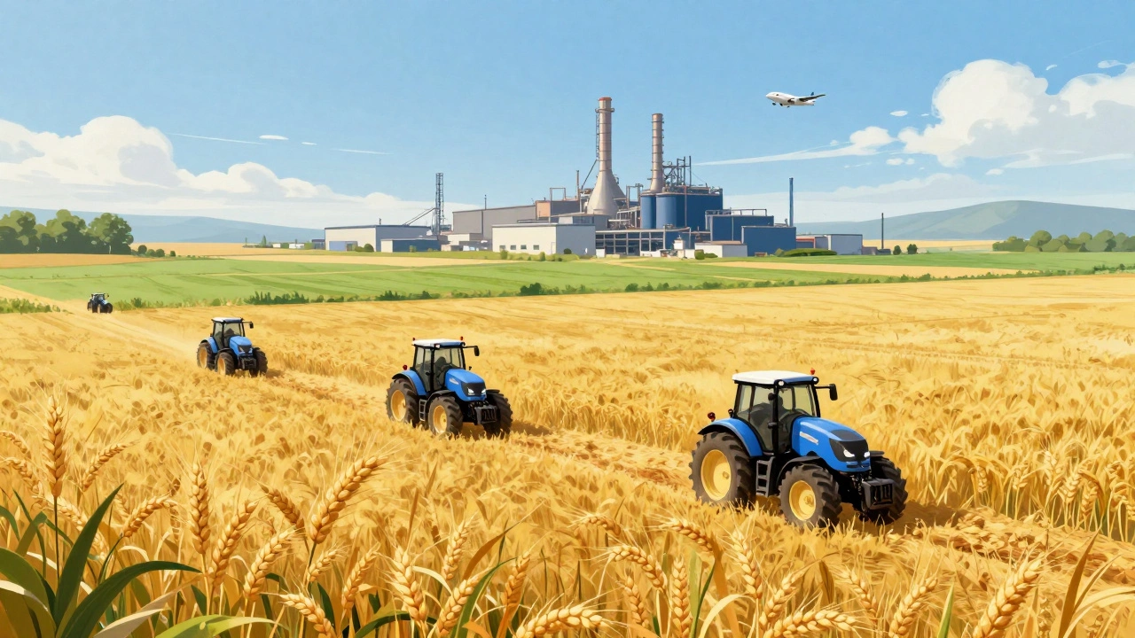 Поле с современной сельскохозяйственной техникой и заводом на горизонте.