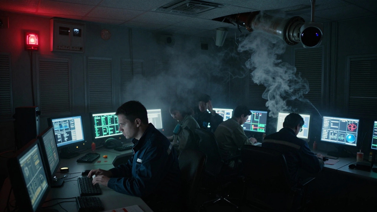 Рабочий игнорирует сигнал тревоги о утечке газа, вокруг — дым и мигающие огни.