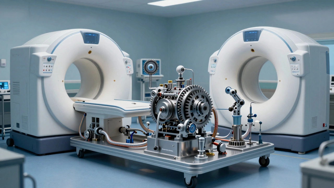 Разрез медицинского оборудования, показывающий внутренние механические системы, питающие МРТ и аппараты ИВЛ.