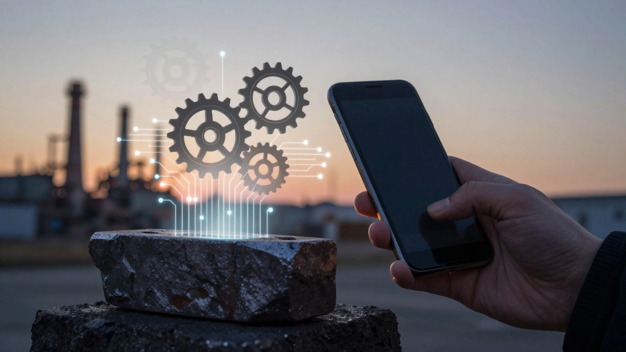 Рука держит телефон рядом с железом — между ними поток данных и деталей, за спиной — силуэты заводов.