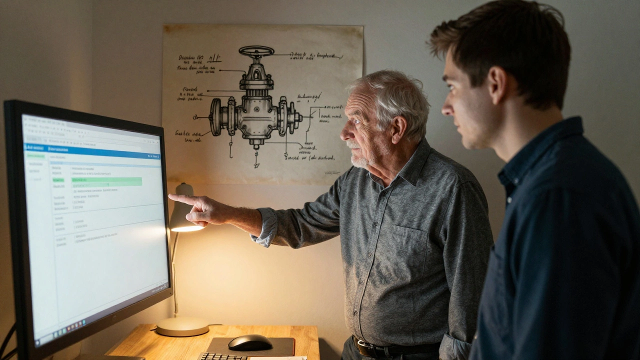 Старый инженер и молодой специалист вместе смотрят на экран, на стене — старый чертёж.