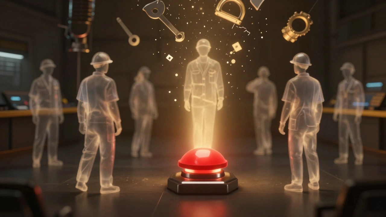 Светящаяся кнопка остановки в темноте, окружённая силуэтами смелых работников.