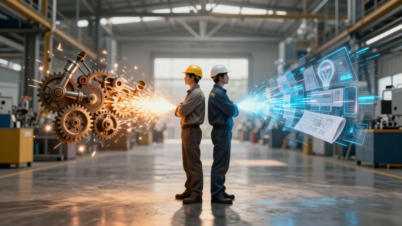 Техник и инженер стоят спиной друг к другу, символизируя равную важность практики и инноваций в производстве.