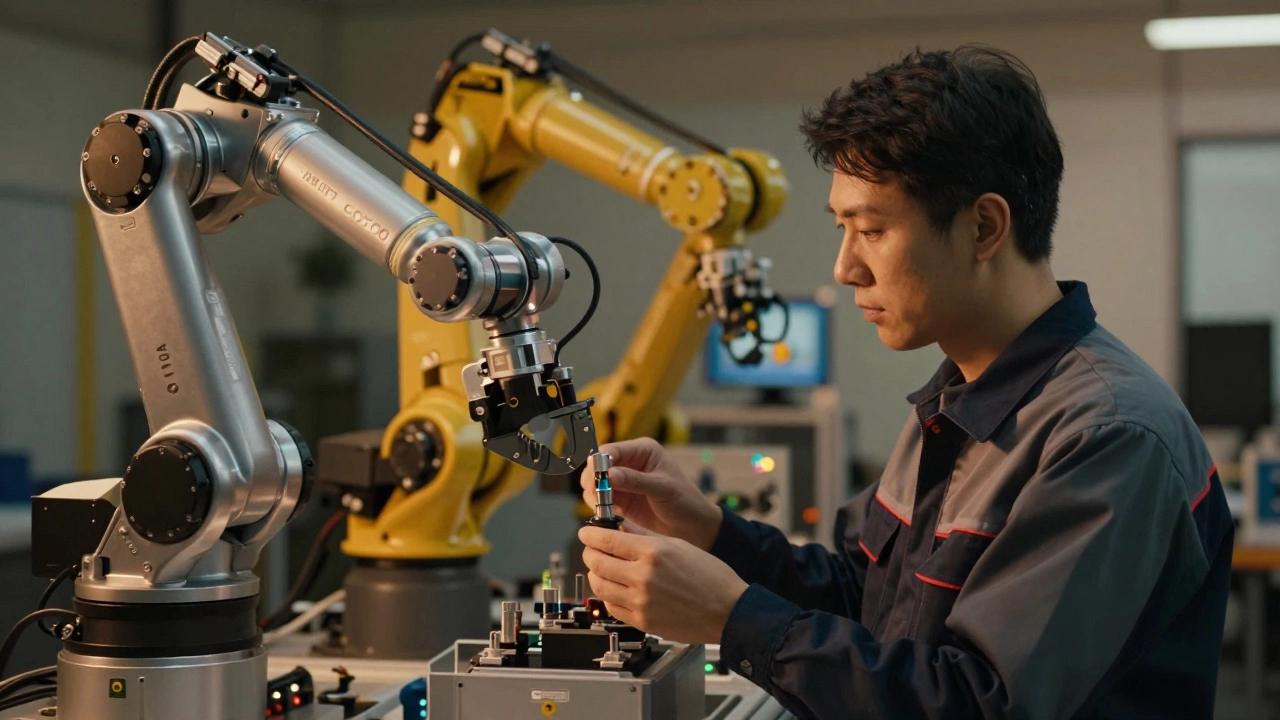 Техник и робот сотрудничают без защитных клеток на производстве