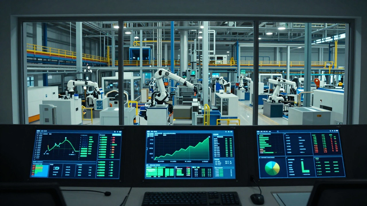 Диспетчерский пункт с цифровыми панелями управления, контролирующий работу автоматизированного завода