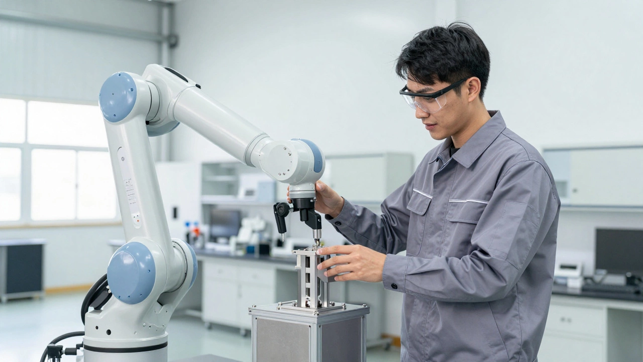 Инженер работает вместе с коллаборативным роботом в современном светлом цеху