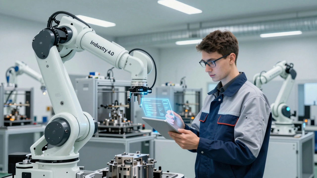 Инженер управляет промышленным роботом на высокотехнологичном заводе