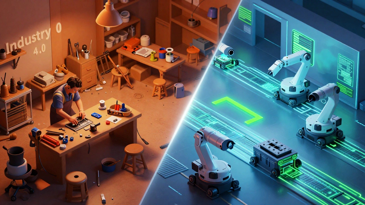 Контраст между старым ручным производством и современным автоматизированным цехом с AGV-роботами