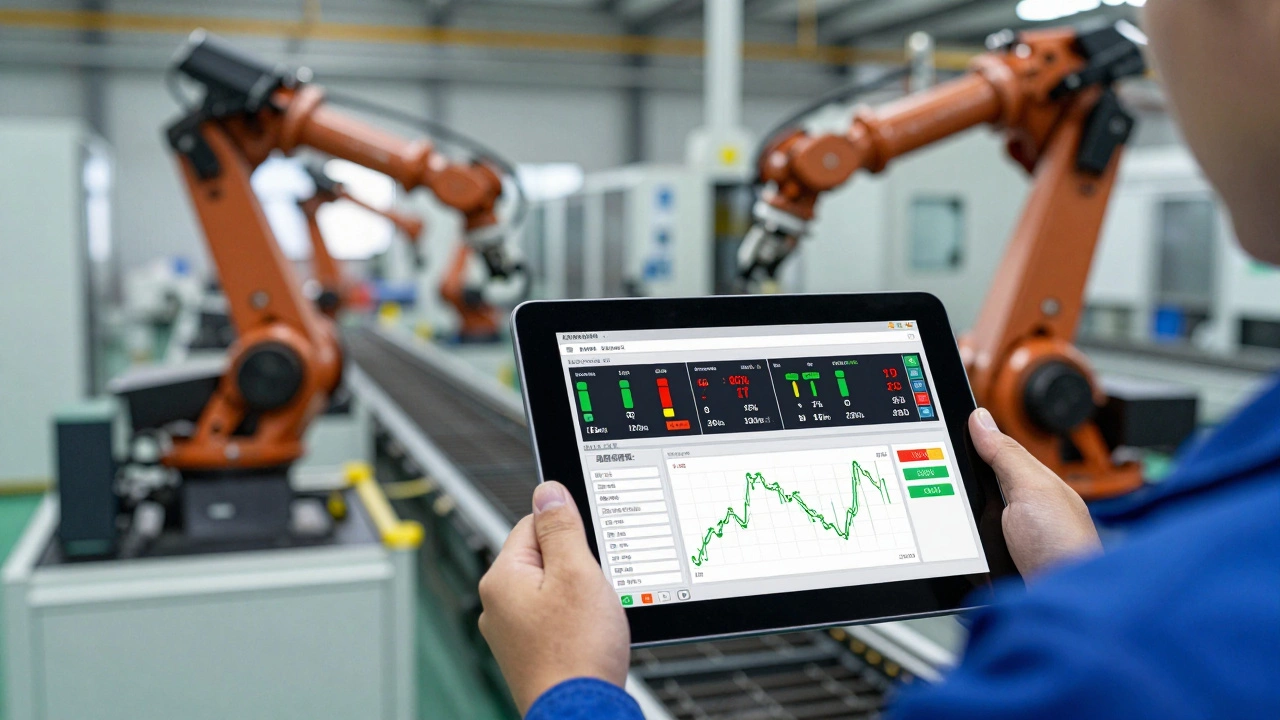 Планшет с интерфейсом MES-системы на фоне производственного цеха