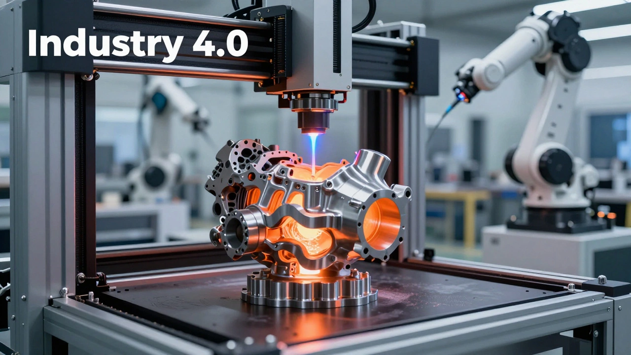 Процесс 3D-печати металлической детали двигателя в автоматизированном цеху