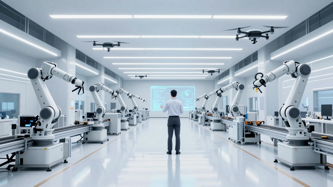 Современный автоматизированный завод с роботами и футуристичным дизайном